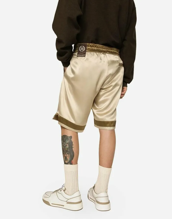 Dolce and Gabbana Trousers And Shorts Men Silk Bermuda Jogging Shorts With Logo Print And Appliqu Multicolor Dolce and Gabbana Trousers And Shorts Men Silk Bermuda Jogging Shorts With Logo Print And Appliqu Multicolor