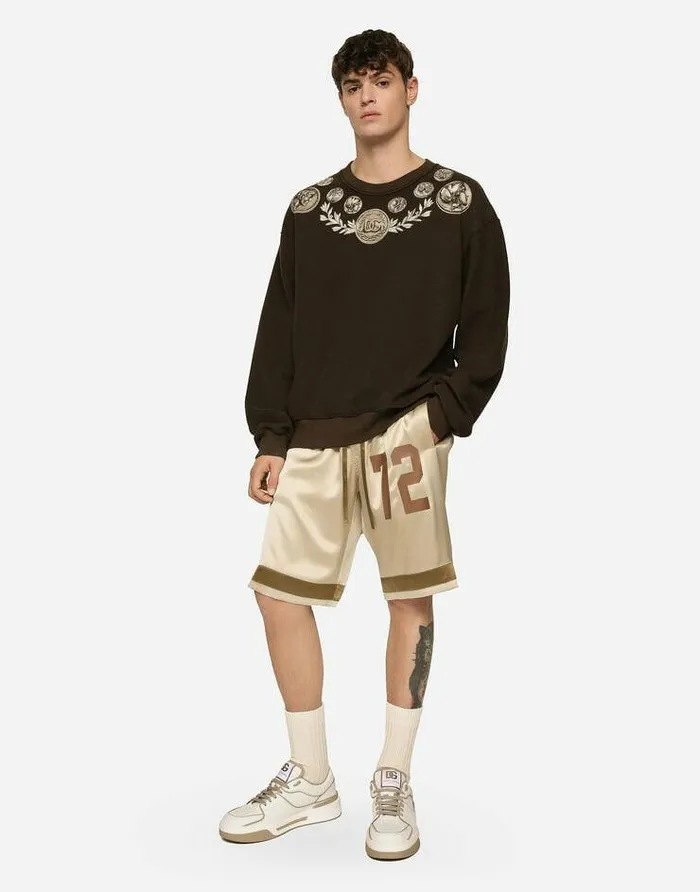 Dolce and Gabbana Trousers And Shorts Men Silk Bermuda Jogging Shorts With Logo Print And Appliqu Multicolor Dolce and Gabbana Trousers And Shorts Men Silk Bermuda Jogging Shorts With Logo Print And Appliqu Multicolor