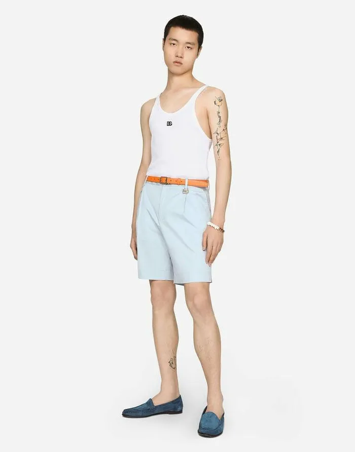Dolce and Gabbana Trousers And Shorts Men Stretch Cotton Shorts With DG Patch Azure