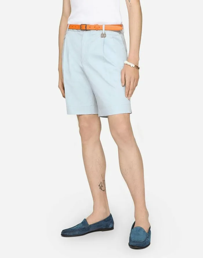 Dolce and Gabbana Trousers And Shorts Men Stretch Cotton Shorts With DG Patch Azure