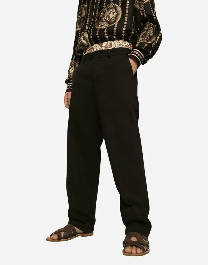 Dolce and Gabbana Trousers And Shorts Men Stretch Drill Pants With Logo Label Black