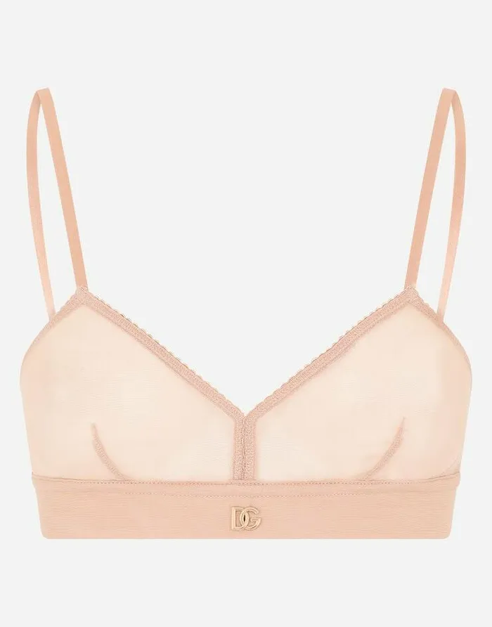Dolce and Gabbana Underwear Women Tulle Triangle Bra With DG Logo Pale Pink