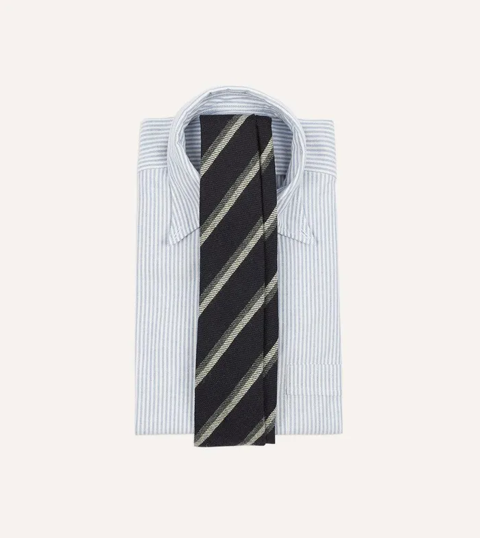 Drake039s Black And Grey Sandwich Stripe Hand Rolled Shetland Wool Tie 8211 Ties