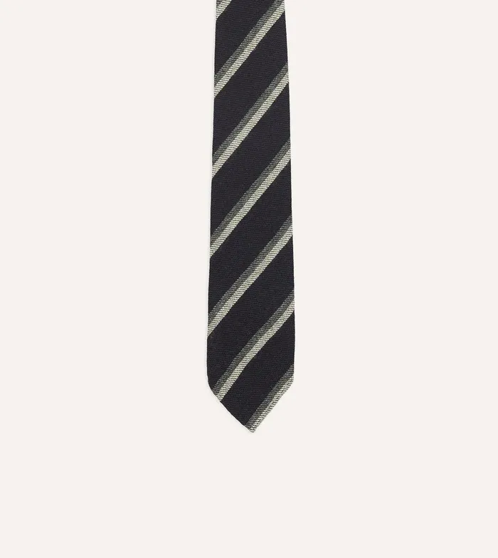 Drake039s Black And Grey Sandwich Stripe Hand Rolled Shetland Wool Tie 8211 Ties