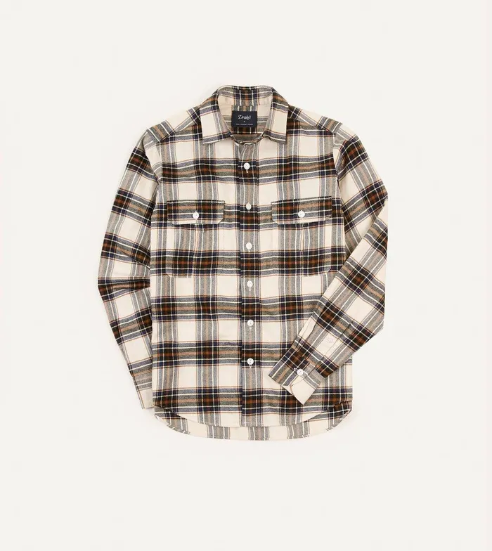 Drake039s Cream And Navy Check Brushed Cotton TwoPocket Work Shirt 8211 Shirts