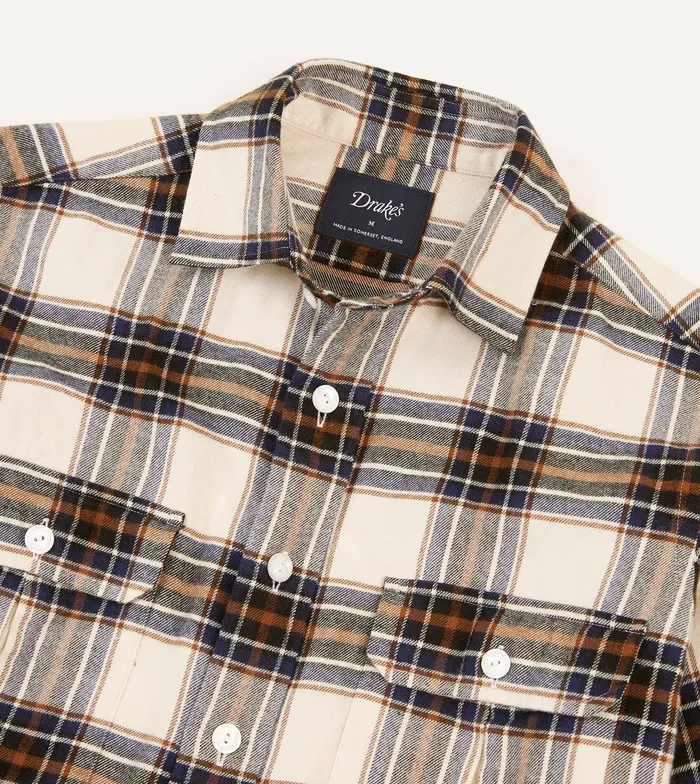 Drake039s Cream And Navy Check Brushed Cotton TwoPocket Work Shirt 8211 Shirts