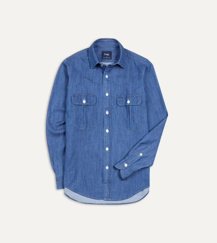 Drake039s MidBlue Washed Denim Cotton TwoPocket Work Shirt 8211 ClothingShirts