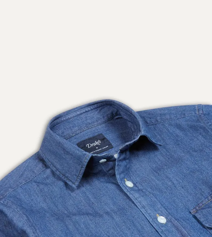 Drake039s MidBlue Washed Denim Cotton TwoPocket Work Shirt 8211 ClothingShirts