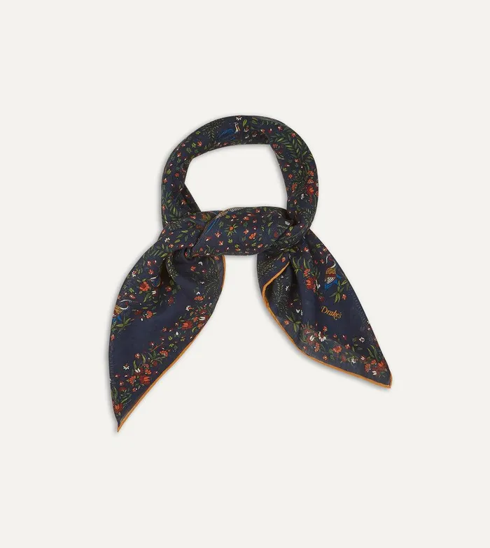 Drake039s Navy Birds Of Paradise Print WoolSilk Square Scarf 8211 Accessories
