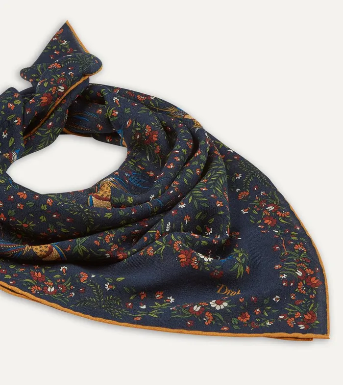Drake039s Navy Birds Of Paradise Print WoolSilk Square Scarf 8211 Accessories