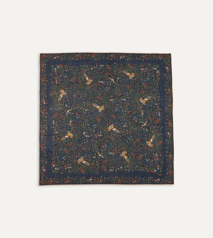Drake039s Navy Birds Of Paradise Print WoolSilk Square Scarf 8211 Accessories