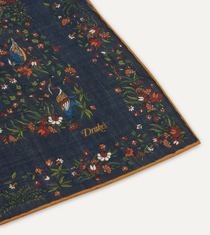 Drake039s Navy Birds Of Paradise Print WoolSilk Square Scarf 8211 Accessories
