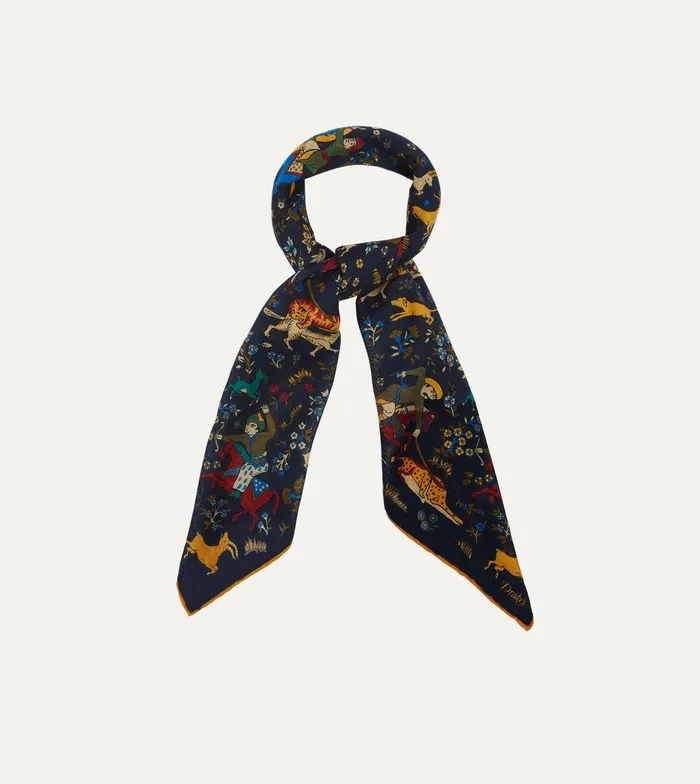 Drake039s Navy Mughal Print WoolSilk Square Scarf 8211 Accessories