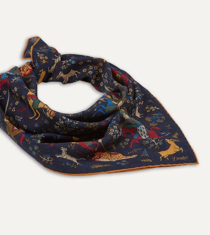 Drake039s Navy Mughal Print WoolSilk Square Scarf 8211 Accessories