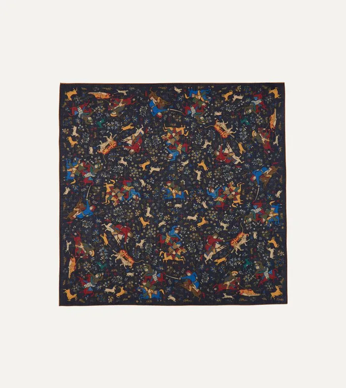 Drake039s Navy Mughal Print WoolSilk Square Scarf 8211 Accessories
