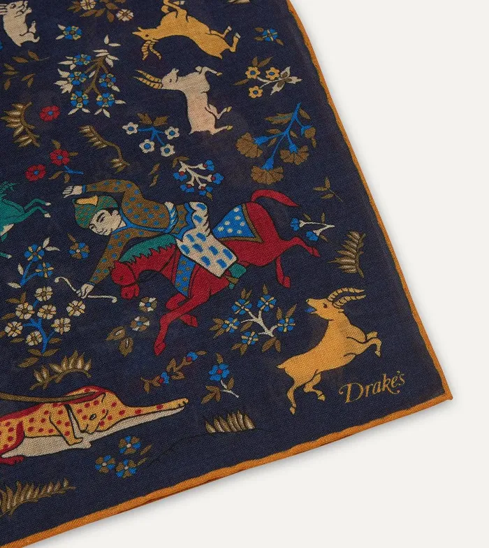 Drake039s Navy Mughal Print WoolSilk Square Scarf 8211 Accessories