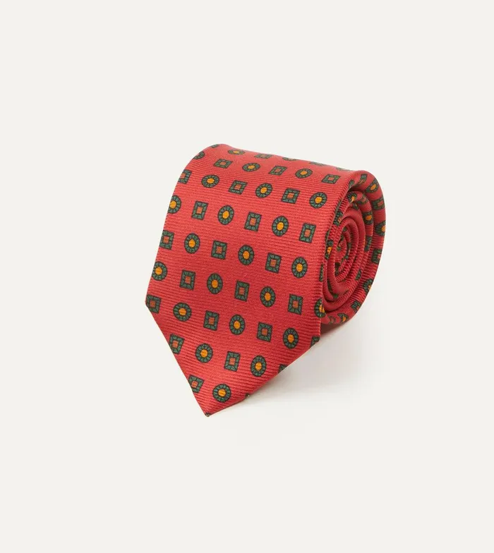 Drake039s Red And Green Geometric Medallion Print Madder Twill Silk Tie 8211 Ties