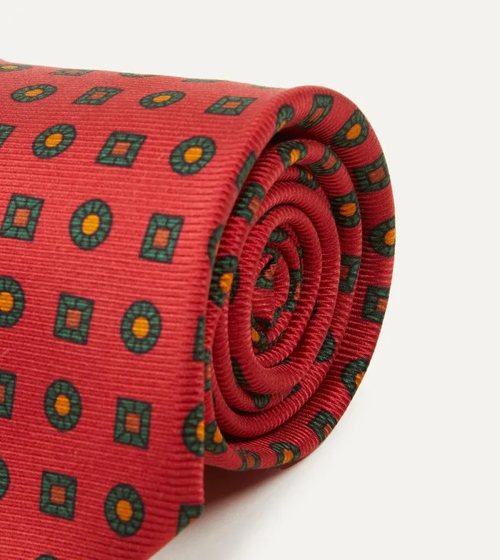 Drake039s Red And Green Geometric Medallion Print Madder Twill Silk Tie 8211 Ties