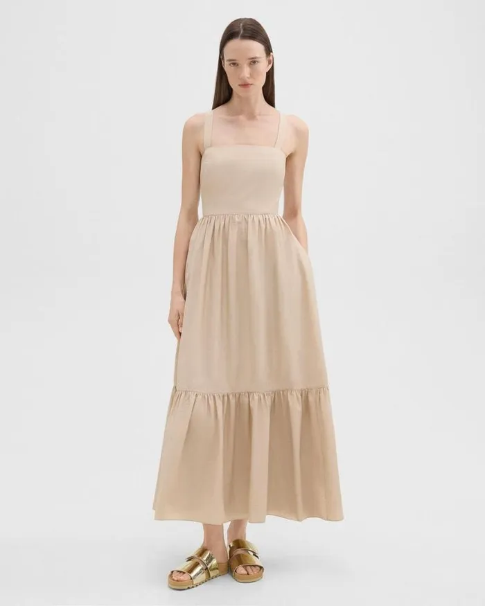 Dresses Women Theory Tiered Sleeveless Dress In CottonBlend Soft Gold