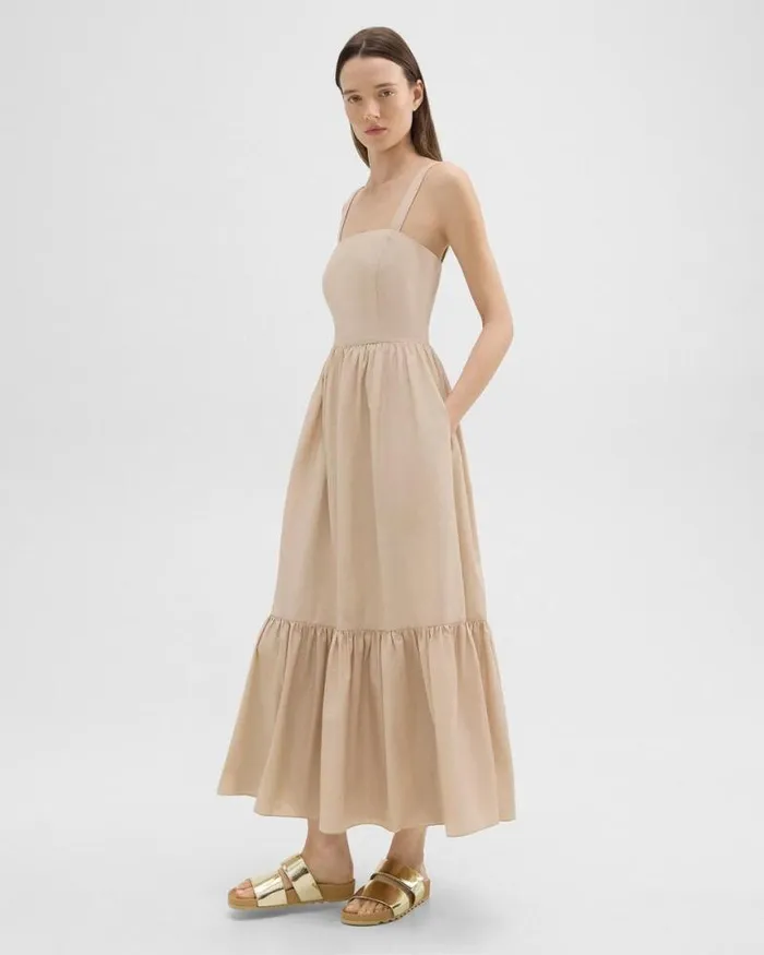 Dresses Women Theory Tiered Sleeveless Dress In CottonBlend Soft Gold Dresses Women Theory Tiered Sleeveless Dress In CottonBlend Soft Gold