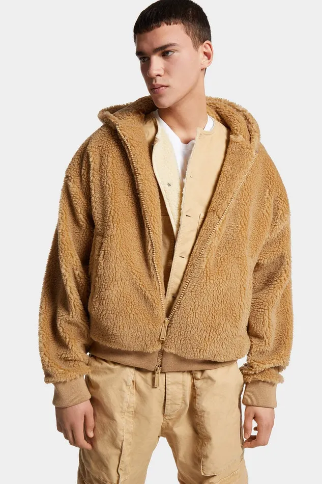 Dsquared2 Coats and Outerwear Icon New Generation Relax Fit Teddy Zip Sweatshirt Camel 8211 Men