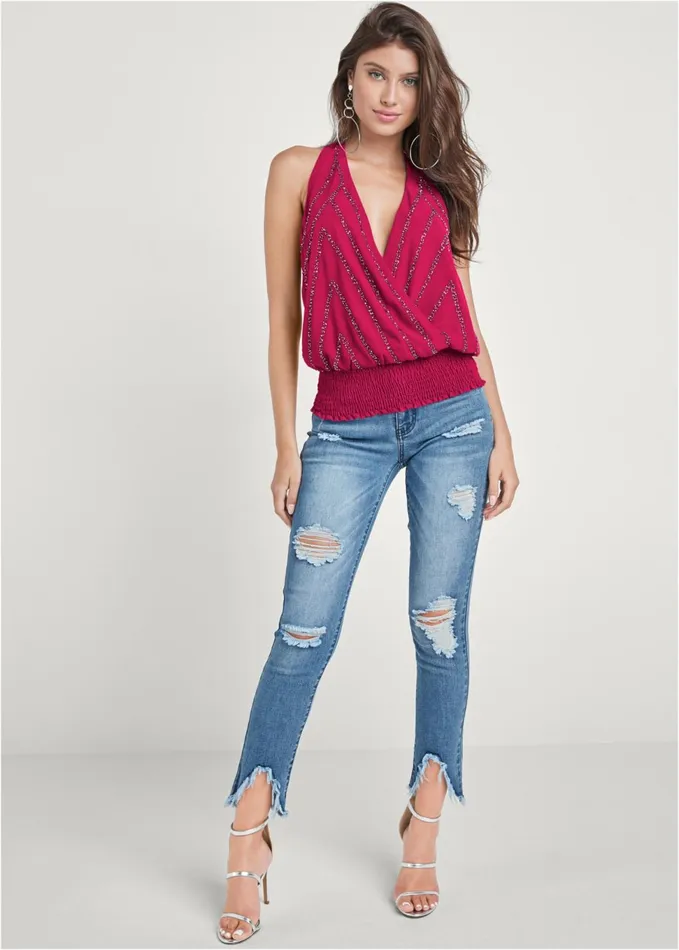 EMBELLISHED HALTER NECK TOP Fuchsia Women VENUS Night Out Tops