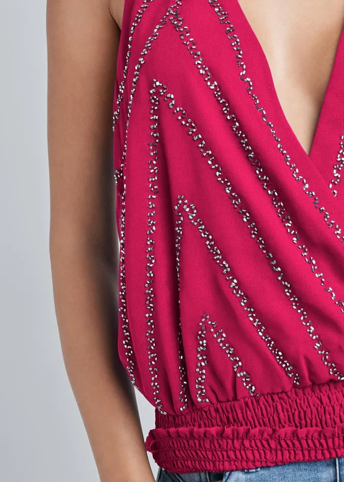 EMBELLISHED HALTER NECK TOP Fuchsia Women VENUS Night Out Tops
