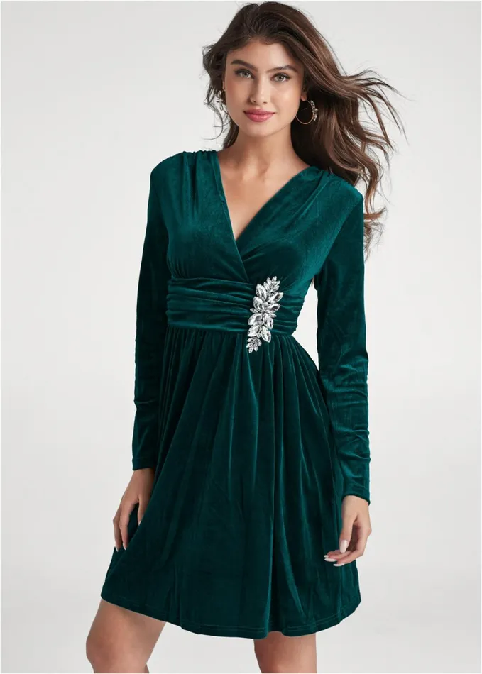 EMBELLISHED VELVET DRESS Green Women VENUS Party Dresses