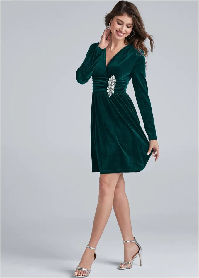 EMBELLISHED VELVET DRESS Green Women VENUS Party Dresses