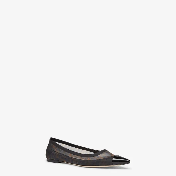 Fendi Colibr Colibr Black Leather And Brown FF Mesh Ballet Flats 8211 Women