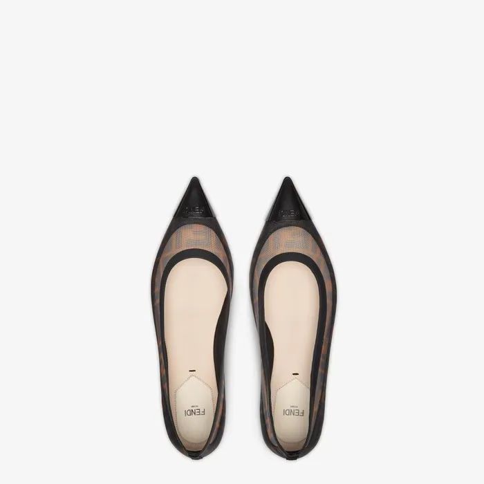 Fendi Colibr Colibr Black Leather And Brown FF Mesh Ballet Flats 8211 Women