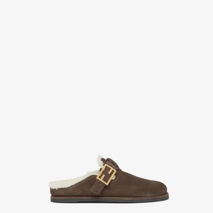 Fendi Mocassins and Loafers Fendi Feel Brown Suede And Sheepskin Sabots 8211 Women