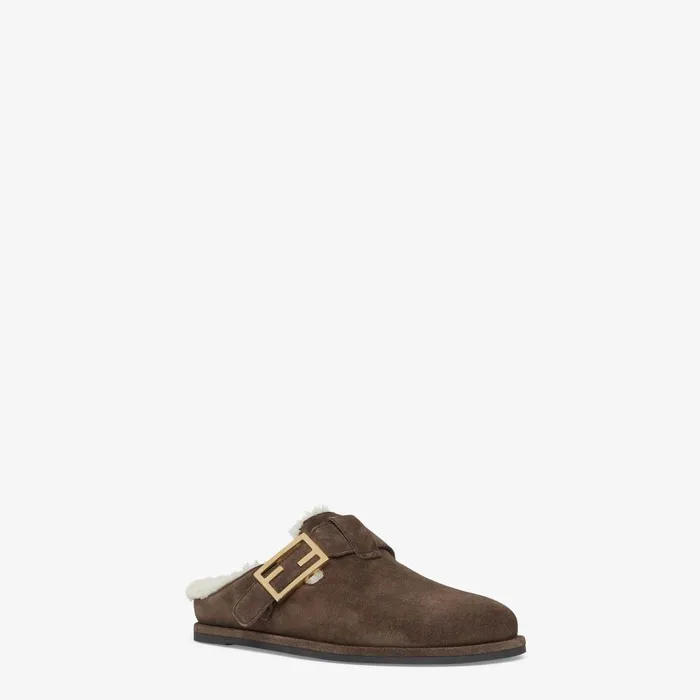 Fendi Mocassins and Loafers Fendi Feel Brown Suede And Sheepskin Sabots 8211 Women