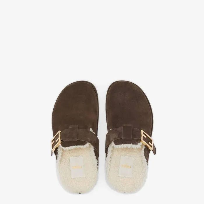 Fendi Mocassins and Loafers Fendi Feel Brown Suede And Sheepskin Sabots 8211 Women