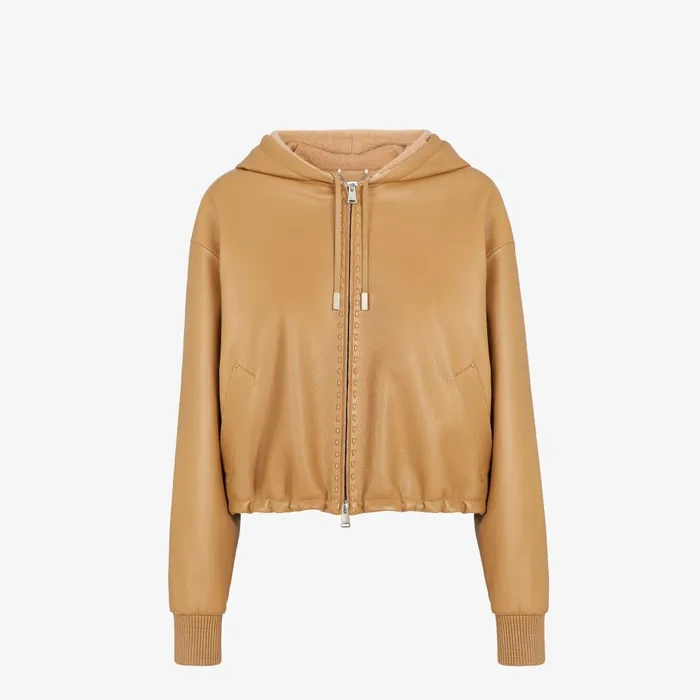 Fendi Outerwear Blouson Beige Leather Jacket 8211 Women