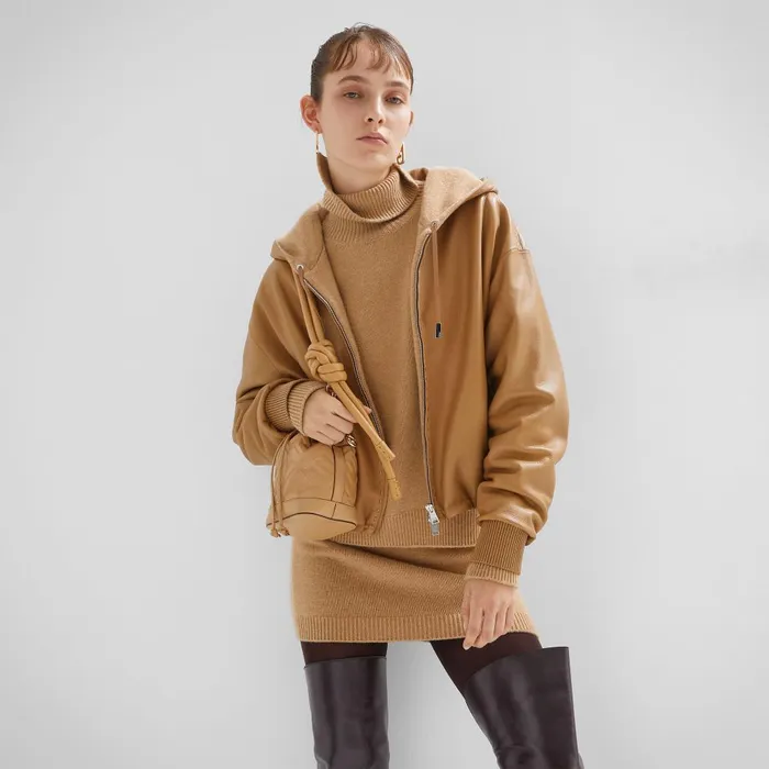 Fendi Outerwear Blouson Beige Leather Jacket 8211 Women