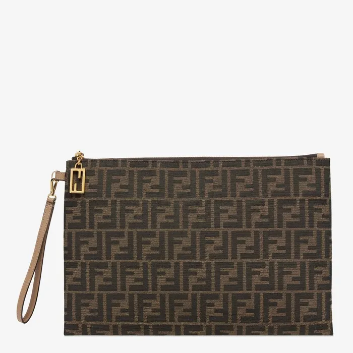 Fendi Pouches Flat Baguette Pouch Large Brown FF Jacquard Fabric Pouch 8211 Women