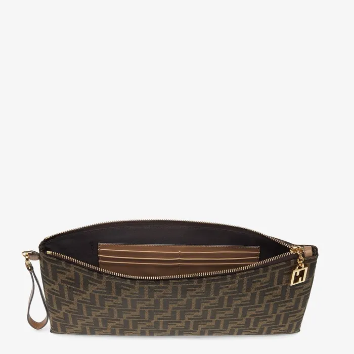 Fendi Pouches Flat Baguette Pouch Large Brown FF Jacquard Fabric Pouch 8211 Women
