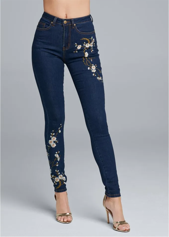 FLORAL EMBROIDERED SKINNY JEANS Dark Wash Women VENUS Novelty Jeans