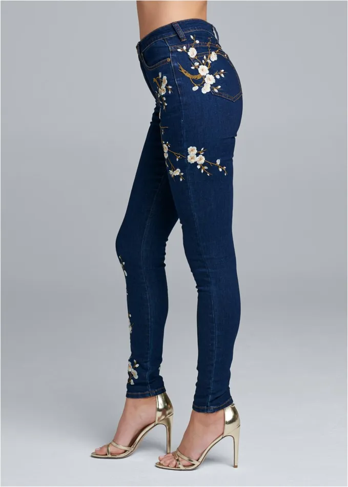FLORAL EMBROIDERED SKINNY JEANS Dark Wash Women VENUS Novelty Jeans