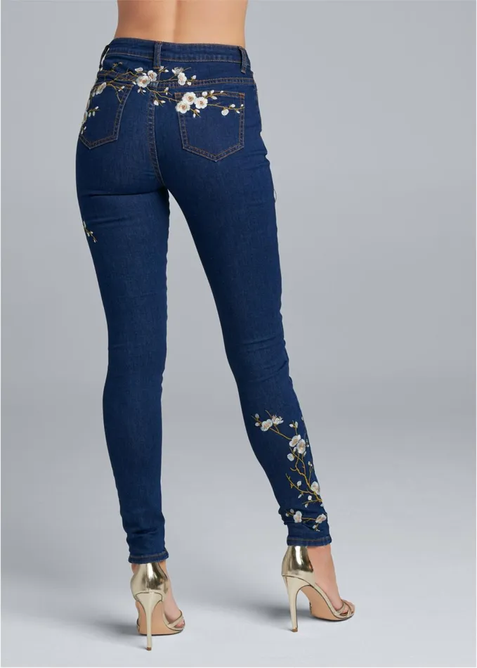 FLORAL EMBROIDERED SKINNY JEANS Dark Wash Women VENUS Novelty Jeans