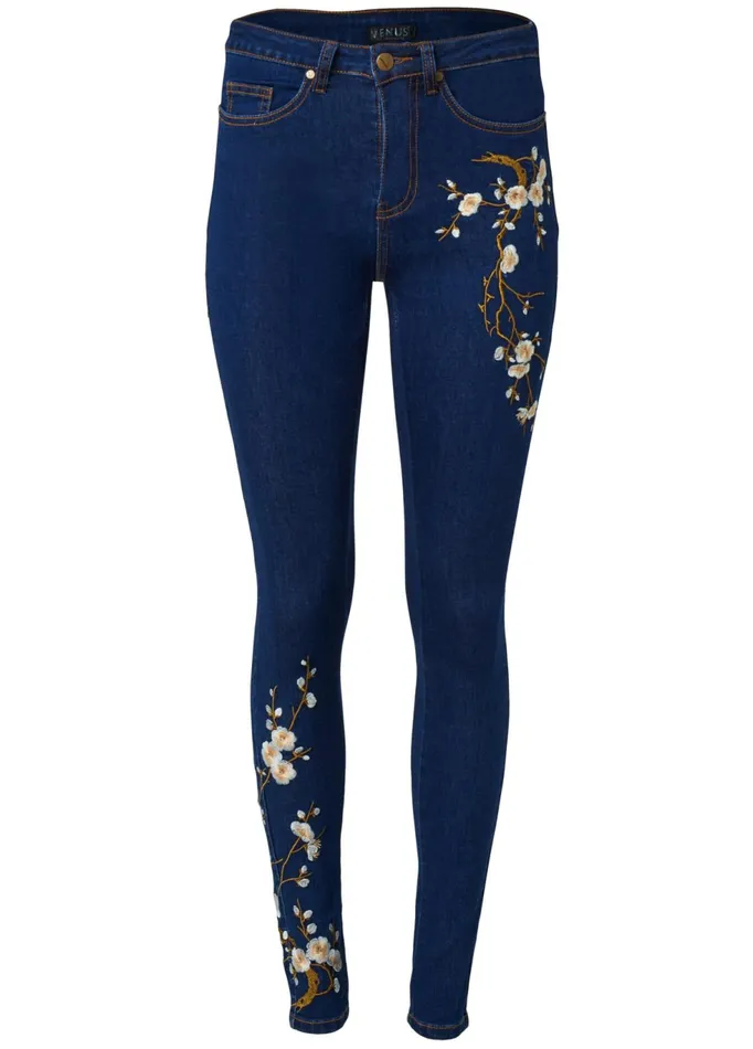 FLORAL EMBROIDERED SKINNY JEANS Dark Wash Women VENUS Novelty Jeans