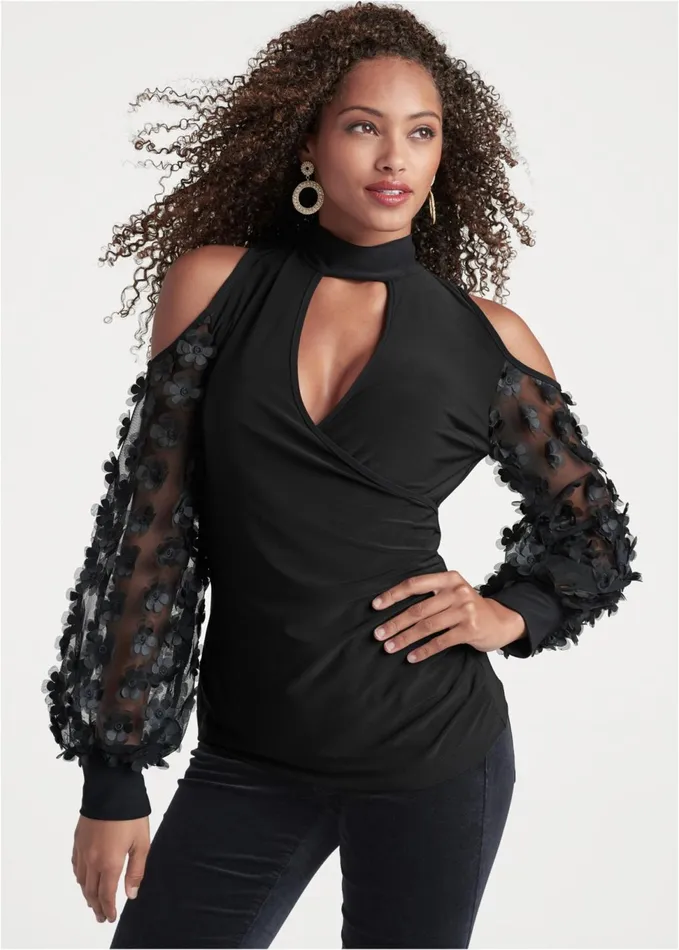 FLOWER DETAIL SURPLICE TOP Black Women VENUS Night Out Tops