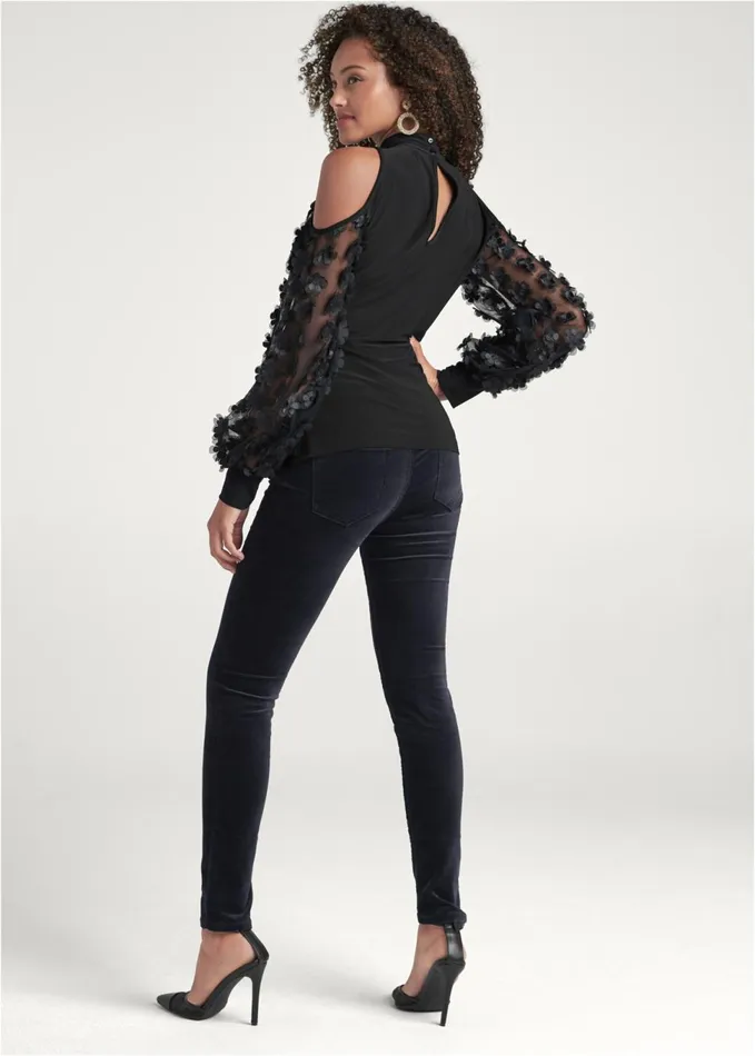 FLOWER DETAIL SURPLICE TOP Black Women VENUS Night Out Tops