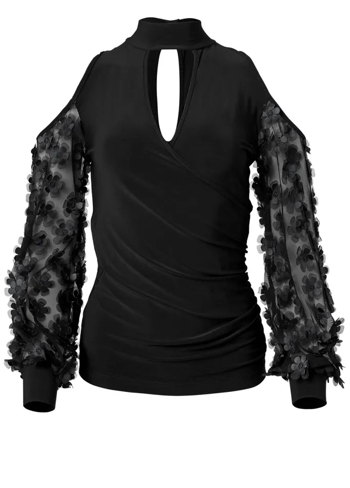 FLOWER DETAIL SURPLICE TOP Black Women VENUS Night Out Tops