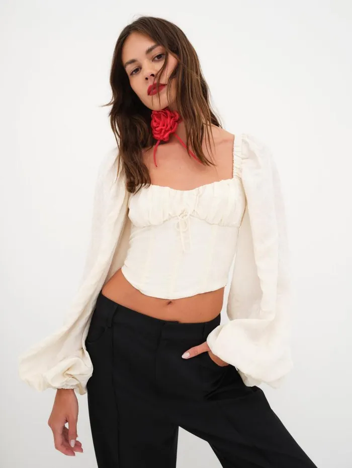 For Love and Lemons Tops Janet Long Sleeve Corset Top Ivory 8211 Women