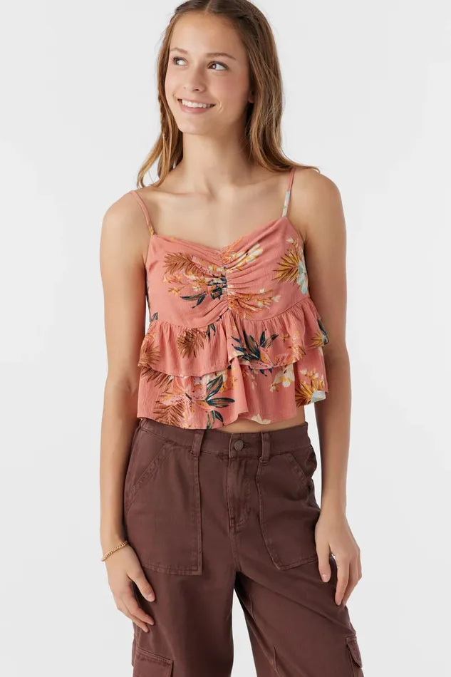 GIRL039S RAYA PUNTA TROPICAL RUFFLE TANK TOP Canyon Clay Kids O039NEILL Girl039S Clothing GIRL039S RAYA PUNTA TROPICAL RUFFLE TANK TOP Canyon Clay Kids O039NEILL Girl039S Clothing