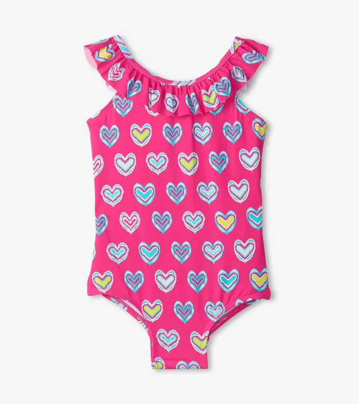 Girls Pink Shibori Hearts Ruffle Sleeve Swimsuit Hatley