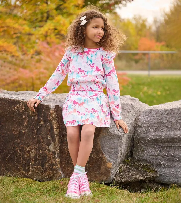 Girls Pretty Horses Smocked Waist Dress Hatley