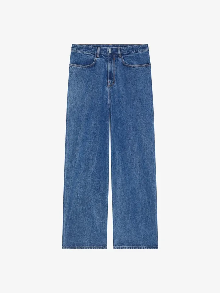 Givenchy Low Crotch Wide Jeans In Marble Denim Indigo Blue Men Pants and Shorts